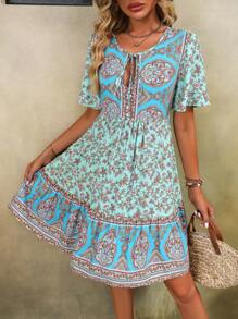 SHEIN Unity Floral Print Vacation Style V-Neck Tie Waist Dress - Multicolor - View 5