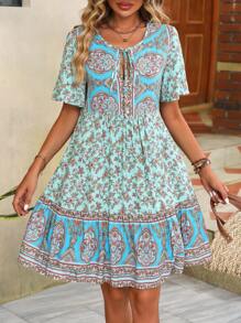 SHEIN Unity Floral Print Vacation Style V-Neck Tie Waist Dress - Multicolor - View 6