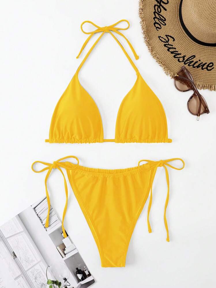 Swim Mod Summer Beach Plus Size Halter Triangle Tie Side Bikini Set - Yellow - View 1