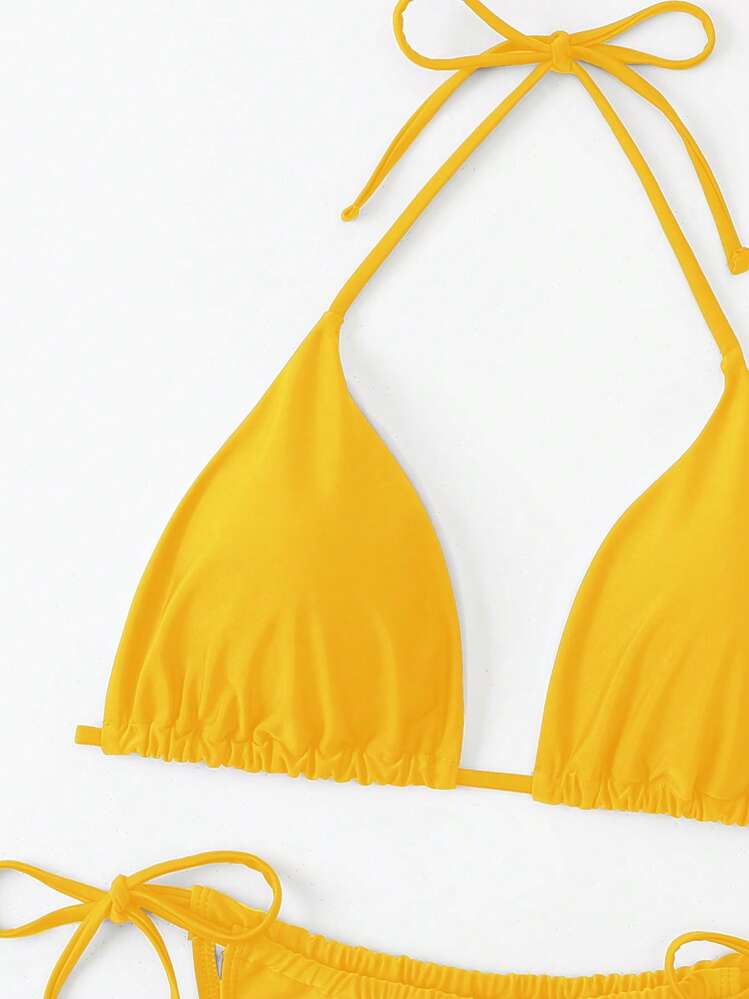 Swim Mod Summer Beach Plus Size Halter Triangle Tie Side Bikini Set - Yellow - View 3