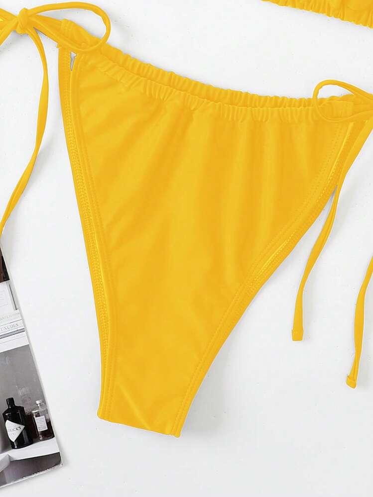 Swim Mod Summer Beach Plus Size Halter Triangle Tie Side Bikini Set - Yellow - View 4