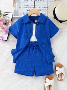 小女童素色吊帶上衣和前打結短褲和前排扣襯衫 - 藍白色 - 查看 1