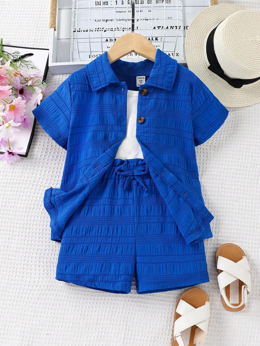 小女童素色吊帶上衣和前打結短褲和前排扣襯衫 - 藍白色 - 查看 1