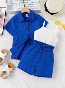 小女童素色吊帶上衣和前打結短褲和前排扣襯衫 - 藍白色 - 查看 5