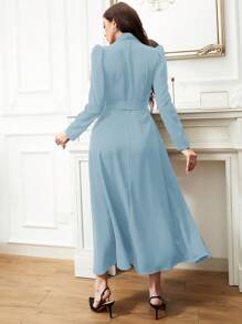 Modelyn Solid Belted A-Line Modest Long Sleeve Dress - Baby Blue - View 2