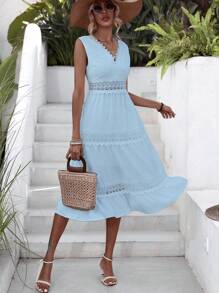 GENKIRA 水溶蕾絲拼接荷葉邊連衣裙 - 藍色 - 查看 3