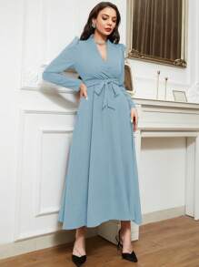 Modelyn Solid Belted A-Line Modest Long Sleeve Dress - Baby Blue - View 3