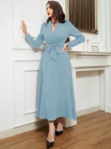 Modelyn Solid Belted A-Line Modest Long Sleeve Dress - Baby Blue - View 5