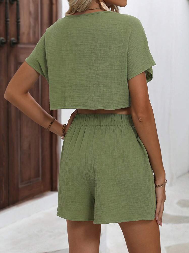 SHEIN LUNE 蝙蝠袖短款上衣和短褲 - 橄欖綠 - 查看 2