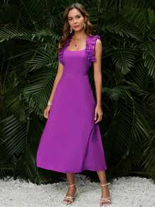 SHEIN VCAY Ruffle Trim Solid Dress - Purple - View 3