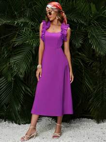 SHEIN VCAY Ruffle Trim Solid Dress - Purple - View 5