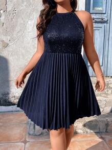 SHEIN LUNE 大碼亮片拼接百褶下擺繞頸洋裝 - 藏蓝色 - 查看 4