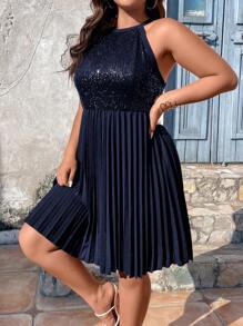 SHEIN LUNE 大碼亮片拼接百褶下擺繞頸洋裝 - 藏蓝色 - 查看 6