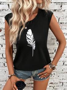 SHEIN LUNE 羽毛印花蝙蝠袖運動衫 - 黑色 - 查看 2