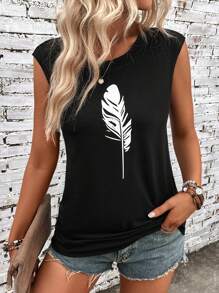 SHEIN LUNE 羽毛印花蝙蝠袖運動衫 - 黑色 - 查看 1