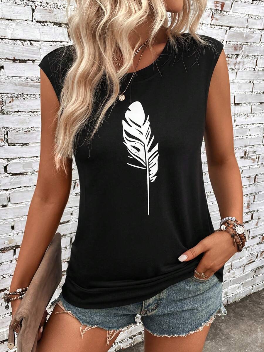 SHEIN LUNE 羽毛印花蝙蝠袖運動衫 - 黑色 - 查看 1