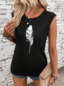 SHEIN LUNE 羽毛印花蝙蝠袖運動衫 - 黑色 - 查看 4