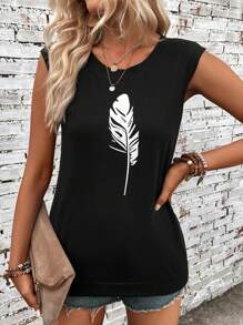 SHEIN LUNE 羽毛印花蝙蝠袖運動衫 - 黑色 - 查看 6