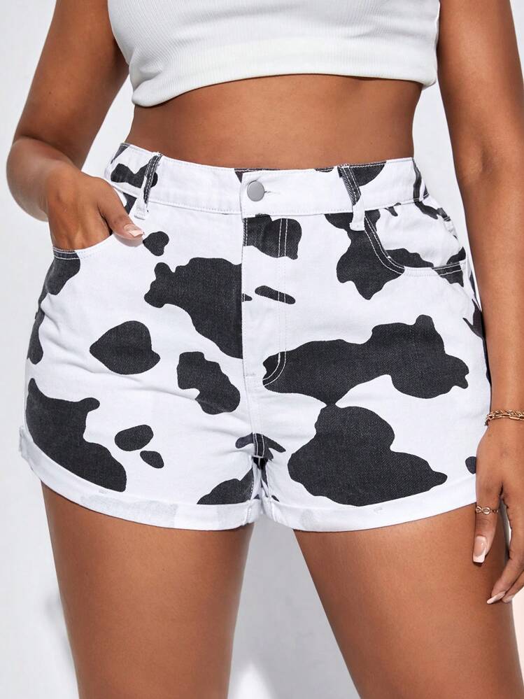 SHEIN SXY Plus Komönster Rulla upp fållen Denimshorts - Svart och Vitt - Visa 3