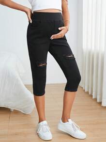 SHEIN Maternity Wideband Waist Ripped Frayed Skinny Jeans - Black - View 2