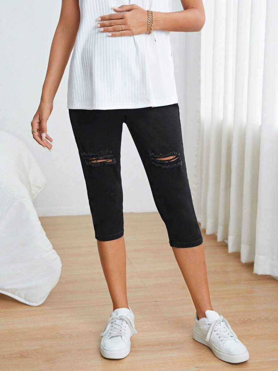 SHEIN Maternity Wideband Waist Ripped Frayed Skinny Jeans - Black - View 1