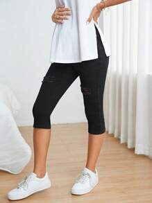 SHEIN Maternity Wideband Waist Ripped Frayed Skinny Jeans - Black - View 4