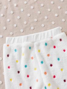 SHEIN 2 件套新生婴儿男女可爱波尔卡圆点法兰绒运动衫和裤子，男女通用实用简约百搭婴儿服装