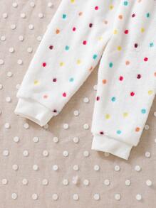 SHEIN 2 件套新生婴儿男女可爱波尔卡圆点法兰绒运动衫和裤子，男女通用实用简约百搭婴儿服装