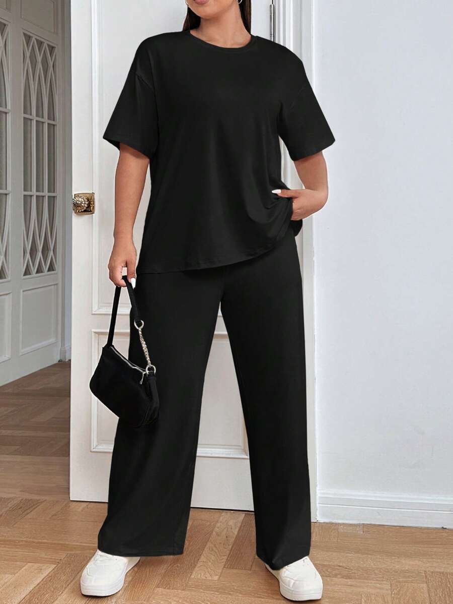 SHEIN EZwear 大碼素色落肩T恤和闊腿褲 - 黑色 - 查看 1