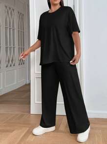 SHEIN EZwear 大碼素色落肩T恤和闊腿褲 - 黑色 - 查看 3