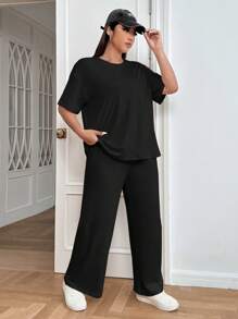 SHEIN EZwear 大碼素色落肩T恤和闊腿褲 - 黑色 - 查看 4