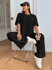SHEIN EZwear 大碼素色落肩T恤和闊腿褲 - 黑色 - 查看 5