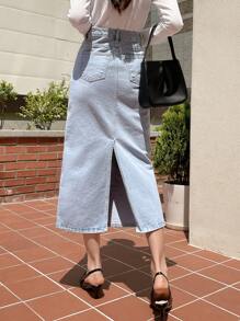 DAZY High Waist Split Back Denim Skirt - Light Wash - View 2