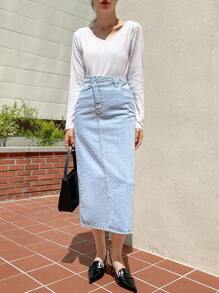 DAZY High Waist Split Back Denim Skirt - Light Wash - View 6