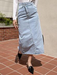 DAZY High Waist Split Back Denim Skirt - Light Wash - View 7