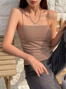 DAZY Chất rắn Xù Cami ngọn - Màu Khaki - Xem 4