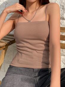 DAZY Chất rắn Xù Cami ngọn - Màu Khaki - Xem 5