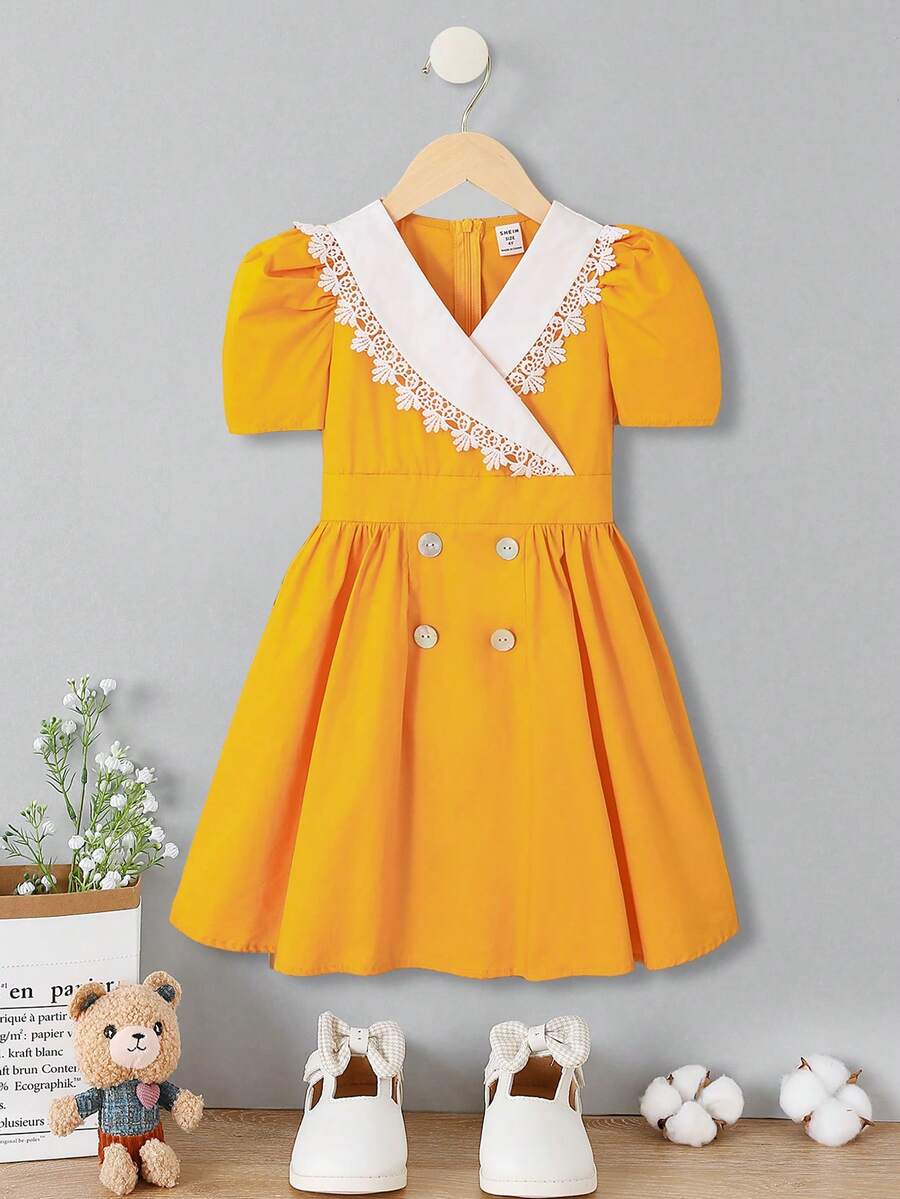 SHEIN 小女童鏤空蕾絲花邊泡泡袖洋裝