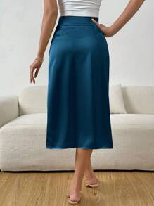 Chiquease High Waist Ruched Wrap Hem Satin Skirt - Blue - View 2