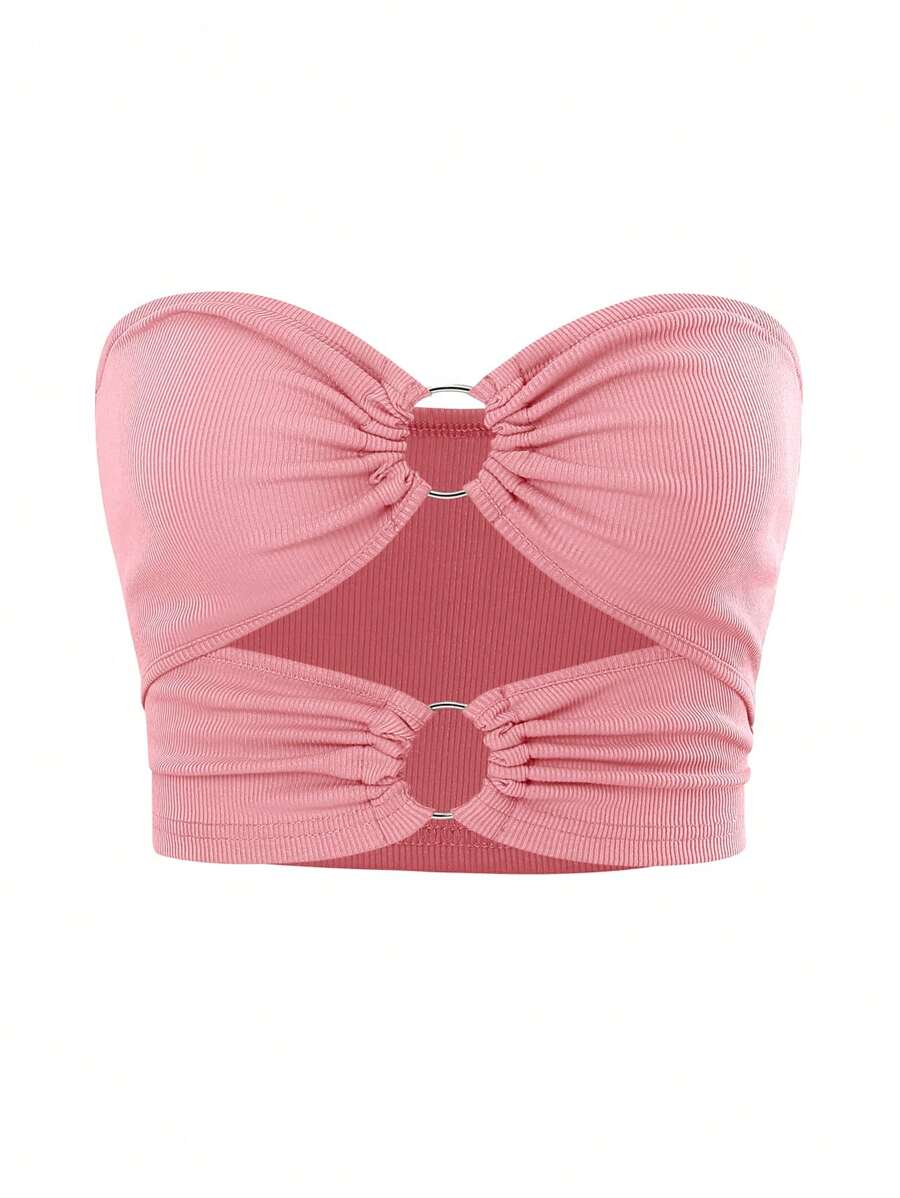 SHEIN Privé 環鏈前鏤空抹胸上衣 - 粉色 - 查看 1