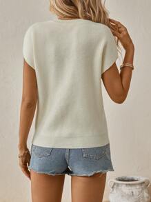 SHEIN LUNE 素色蝙蝠袖V領毛衣背心 - 米色 - 查看 2