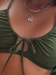 SHEIN Swim 前繫帶比基尼泳裝 - 軍綠色 - 查看 3