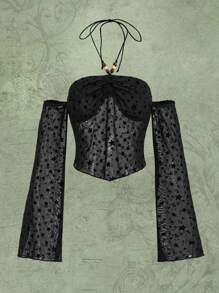 ROMWE Fairycore In Sao Dây rút Halter Neck Tay áo kèn  Lưới Áo - màu đen - Xem 1