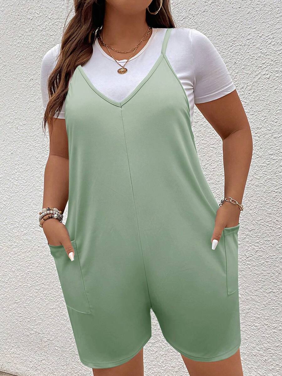 SHEIN LUNE Hơn Đã vá Túi Romper tổng thể Without Tee - Màu xanh Bạc hà - Xem 1