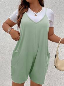 SHEIN LUNE Hơn Đã vá Túi Romper tổng thể Without Tee - Màu xanh Bạc hà - Xem 3