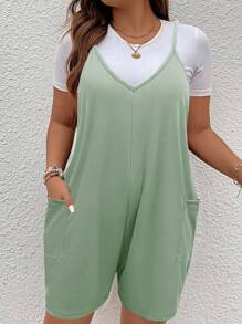 SHEIN LUNE Hơn Đã vá Túi Romper tổng thể Without Tee - Màu xanh Bạc hà - Xem 4
