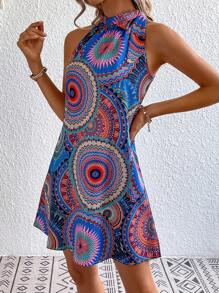 Breezaya 曼陀羅印花側打結連衣裙 - 藍色 - 查看 3