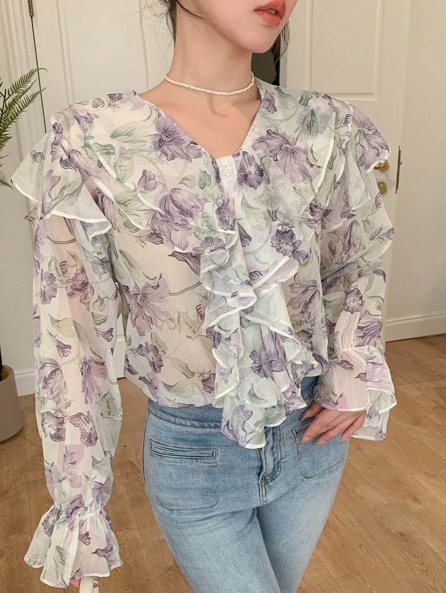 DAZY In hoa Viền Ruffle Tay áo loe Áo sơ mi - Nhiều màu - Xem 1