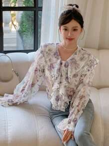 DAZY In hoa Viền Ruffle Tay áo loe Áo sơ mi - Nhiều màu - Xem 2