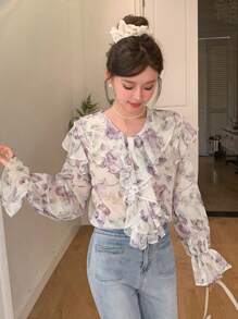 DAZY In hoa Viền Ruffle Tay áo loe Áo sơ mi - Nhiều màu - Xem 3